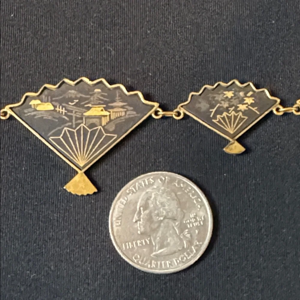 Japanese Amita Damascene fan shaped necklace,